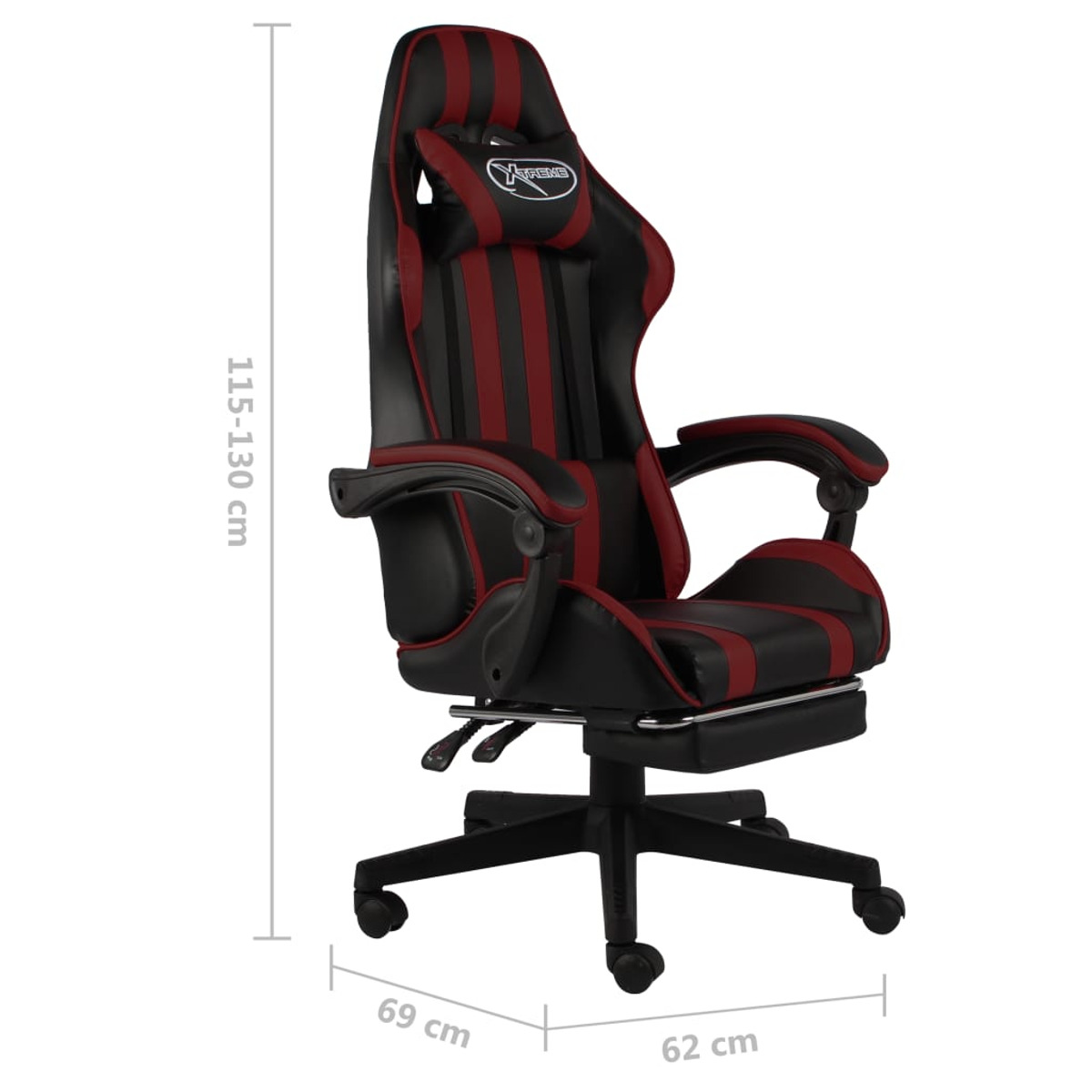 Ein Gaming-Stuhl, schwarz und rot, mit Maßen. Er hat eine Kopfstütze, Armlehnen und eine Fußstütze. Schwarze Basis.