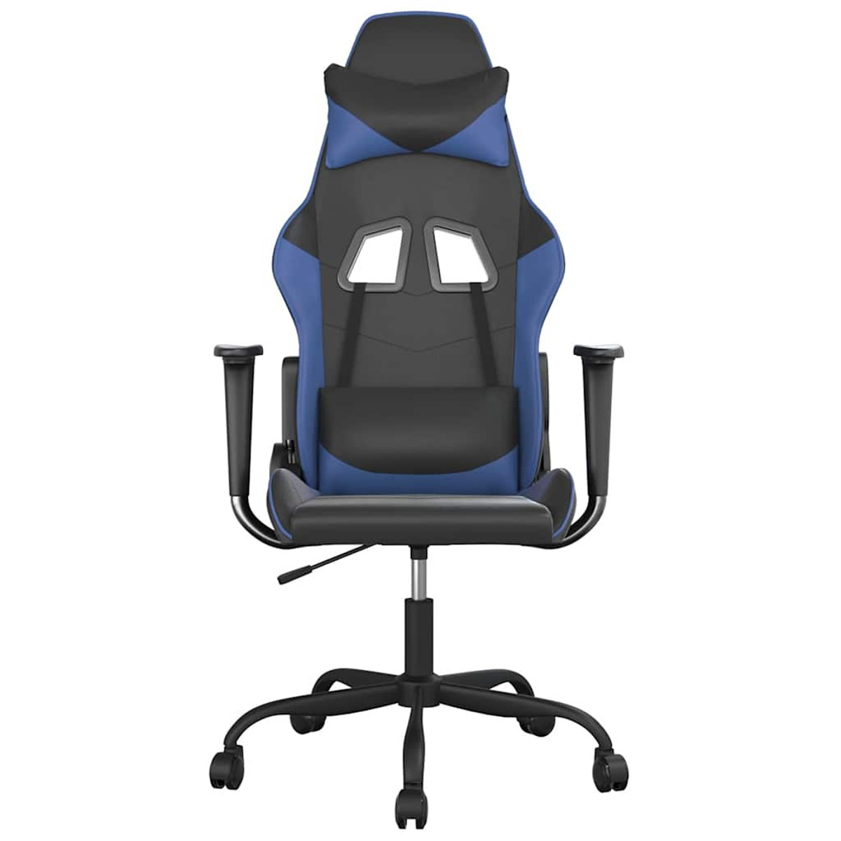 Vorderansicht eines Gaming-Stuhls. Er hat ein blaues und schwarzes Farbschema mit Rädern und Armlehnen.