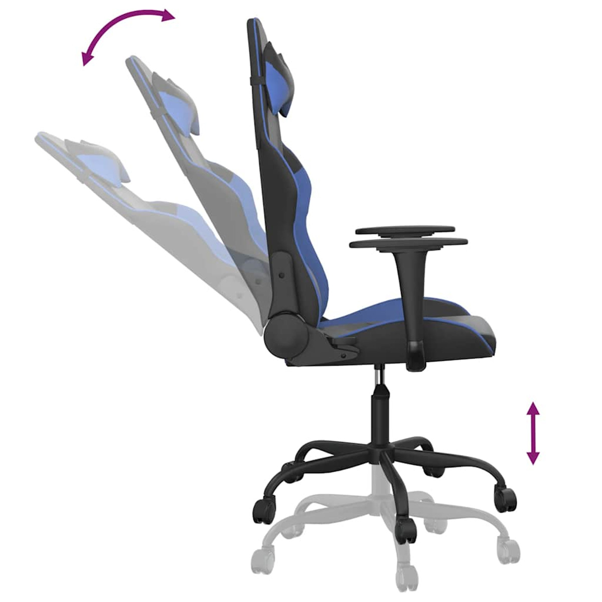 Gaming-Stuhl, schwarz und blau, mit verstellbaren Funktionen.