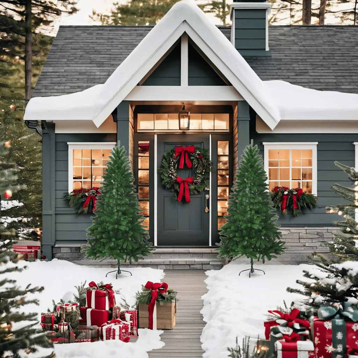 Weihnachtsszene: dekoriertes Haus mit Bäumen, Schnee, Geschenken und Kranz.