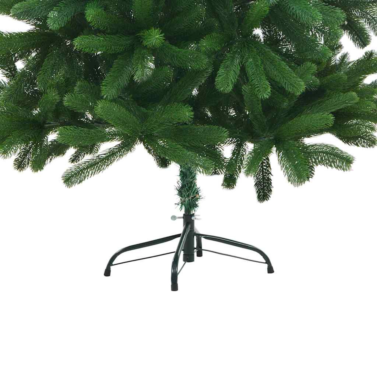 Unterteil eines grünen künstlichen Weihnachtsbaums, mit Sockel und Ästen sichtbar.