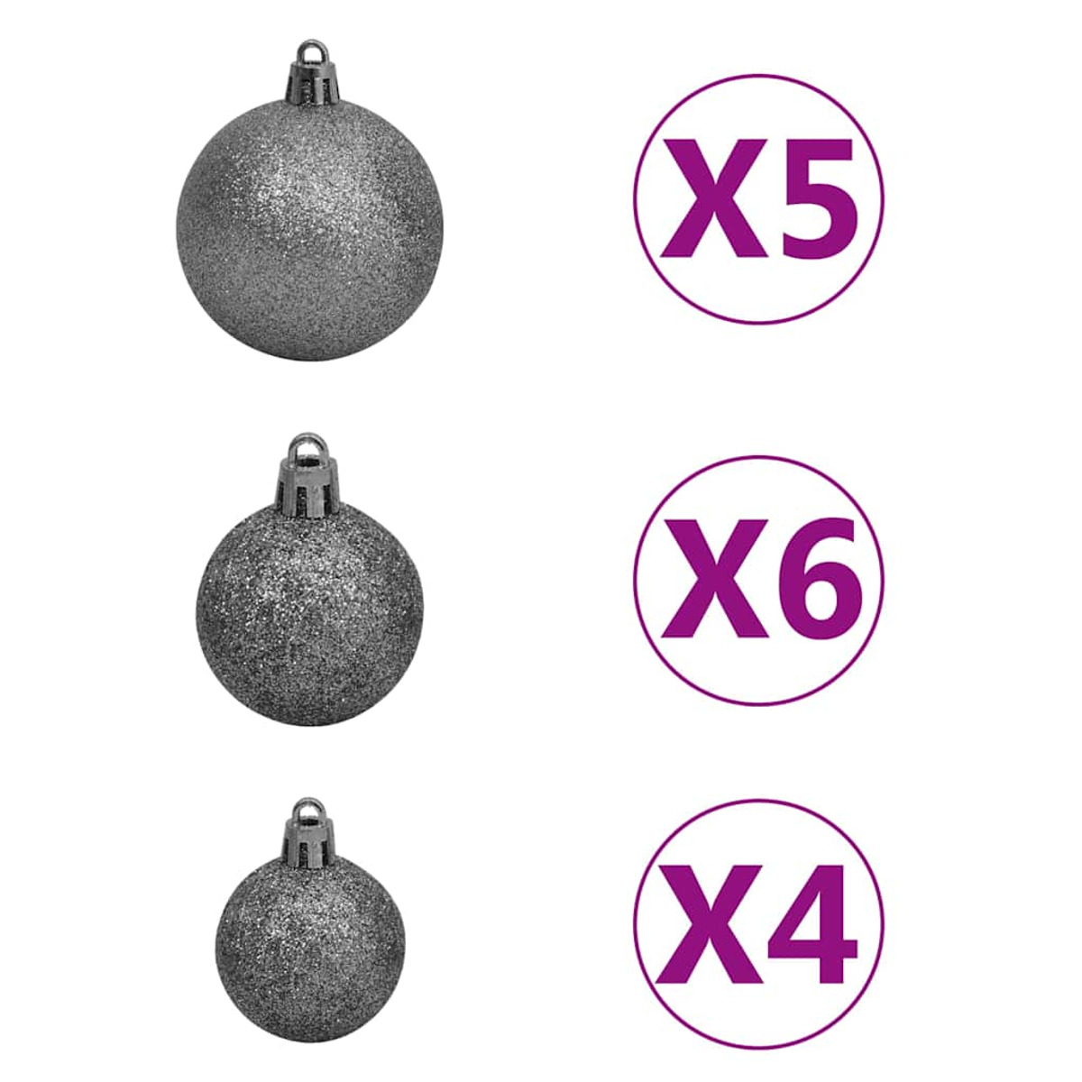 Drei silberne Weihnachtskugeln. Jede Kugel ist eine Kugel und befindet sich neben einem Kreis, der die Menge angibt.