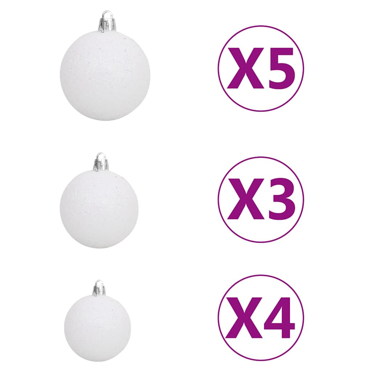 Weiße Weihnachtskugeln mit Etiketten, die Mengen angeben: X5, X3 und X4.