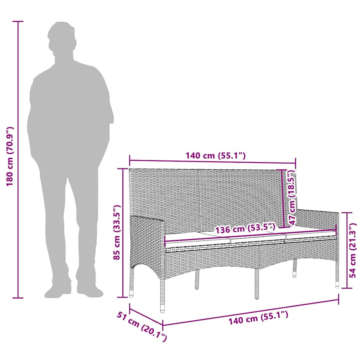 Ein Diagramm eines Outdoor-Sofas aus Rattan mit Maßen. Eine Person steht daneben.