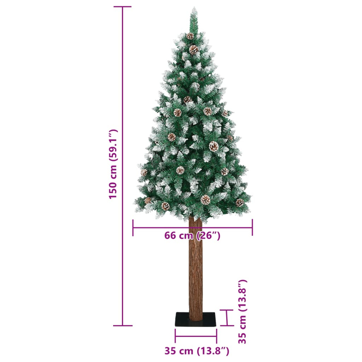 Ein grüner künstlicher Weihnachtsbaum mit weißen Akzenten und Tannenzapfen wird auf weißem Hintergrund gezeigt. Maße sind angegeben.