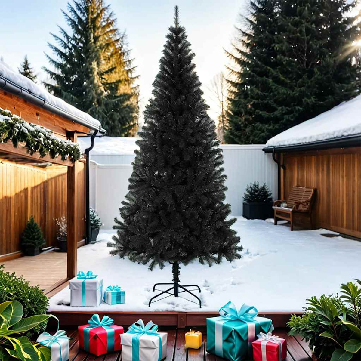 Schwarzer Weihnachtsbaum in schneebedecktem Garten mit Geschenkpaketen. Hintergrund: Häuser und Bäume.