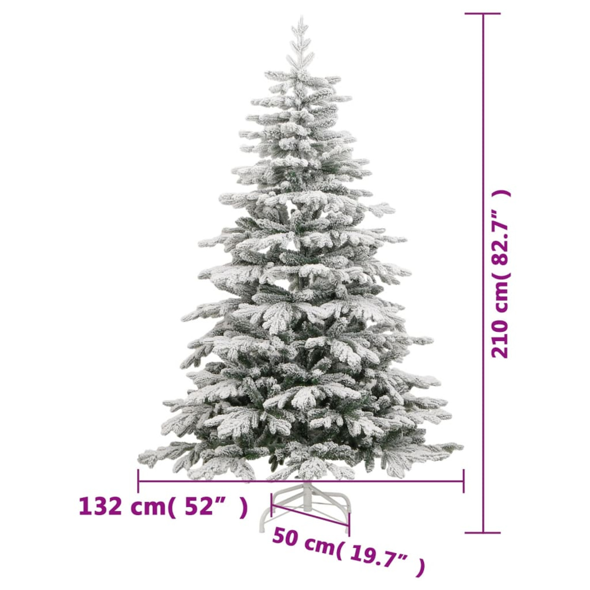 Mit Schnee bedeckter Weihnachtsbaum mit weißem Ständer, Abmessungen in cm und Zoll.