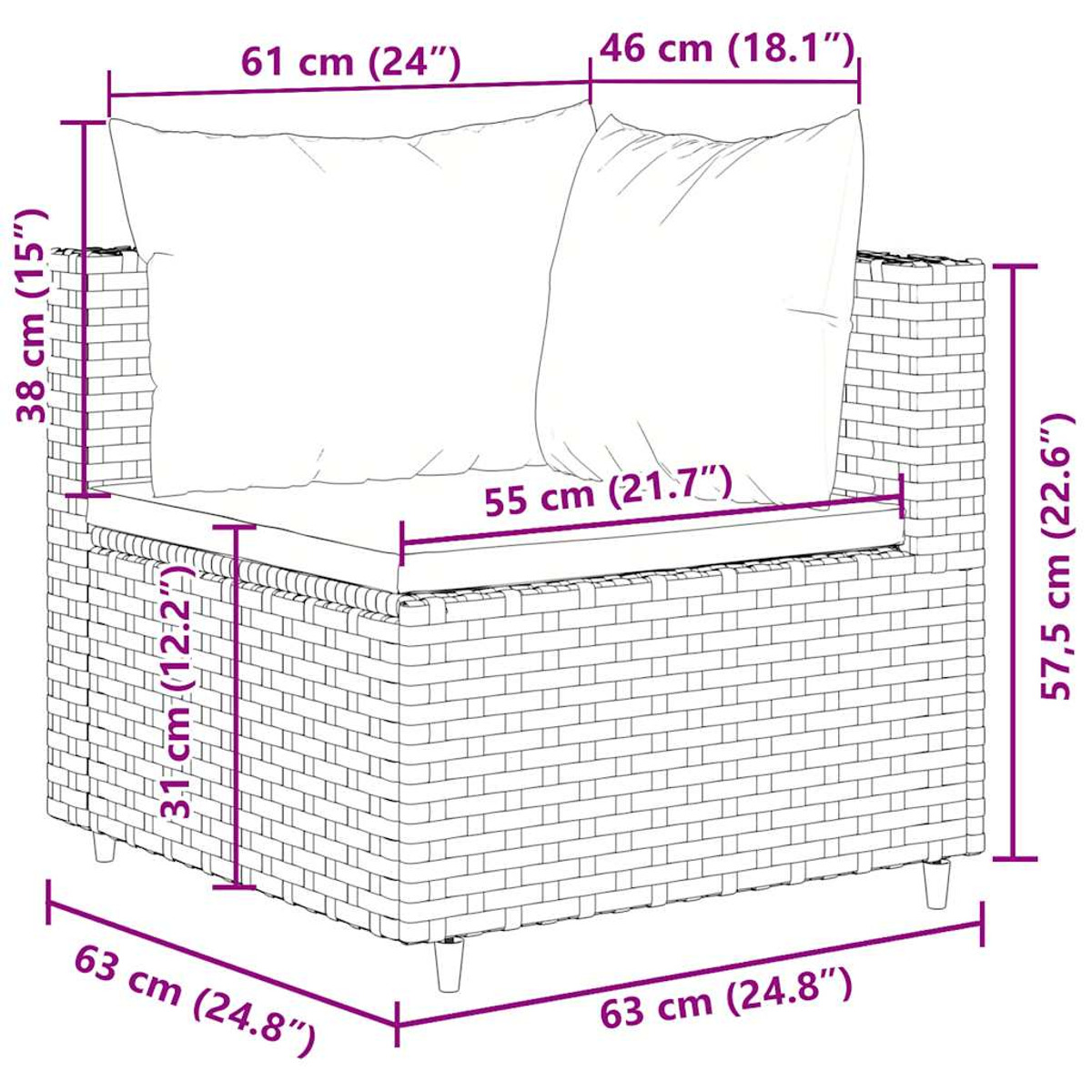 Silla de ratán con dimensiones etiquetadas. Incluye cojín y almohada. Fondo blanco, vista de contorno.