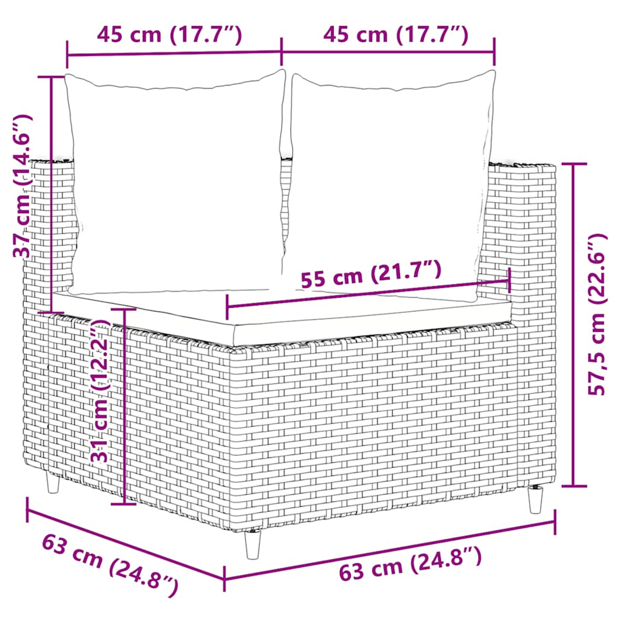 Mobili da patio in vimini con dimensioni etichettate in cm e pollici.