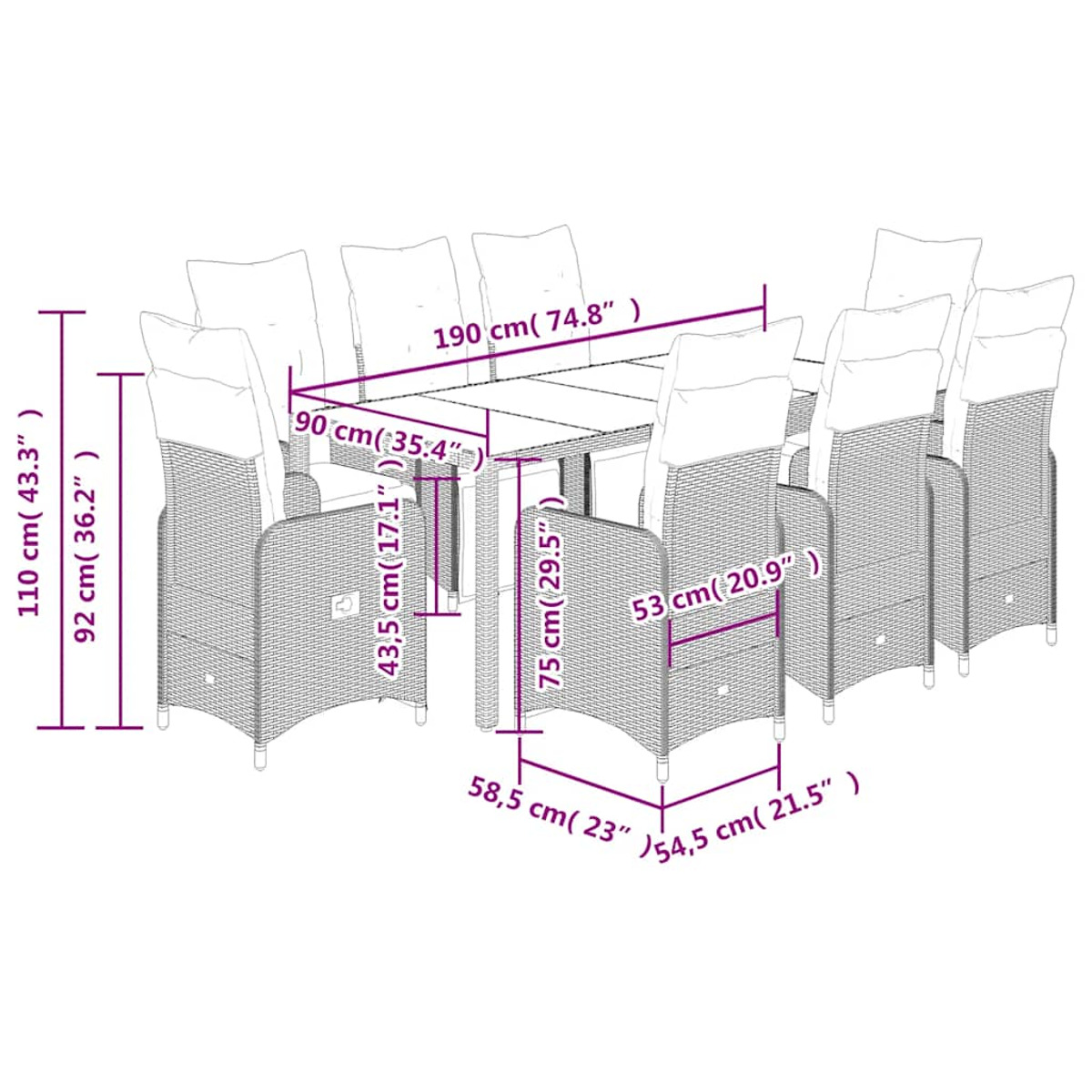 Diagramma di un set da pranzo da esterno in rattan con misure.