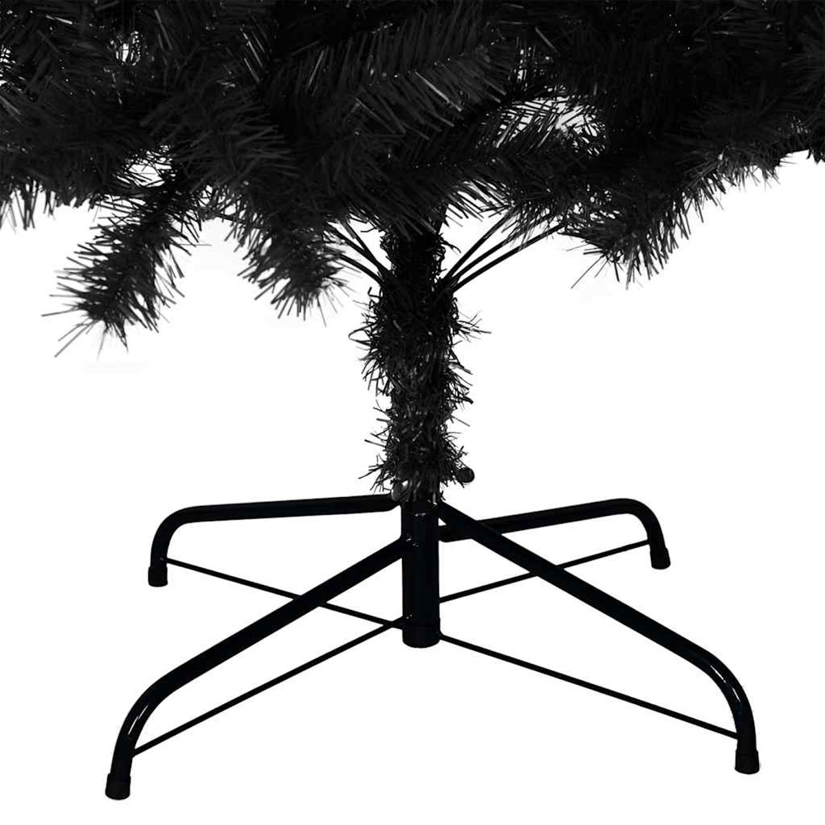 Nahaufnahme des Fußes eines schwarzen Weihnachtsbaums. Der Fuß ist metallisch und sternförmig.