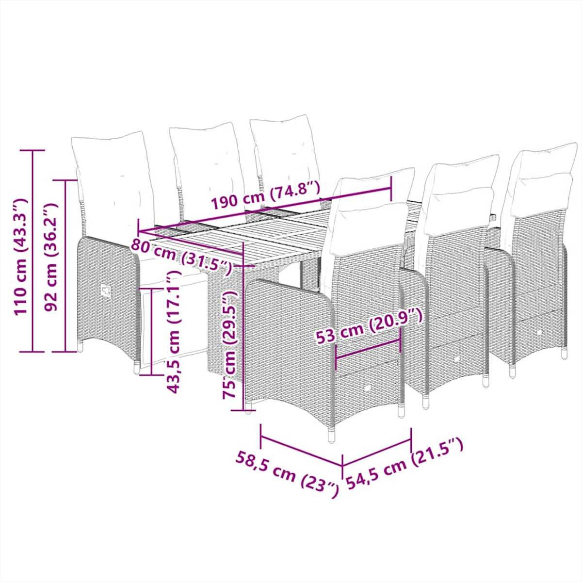 Set tavolo e sedie con dimensioni, sfondo bianco.