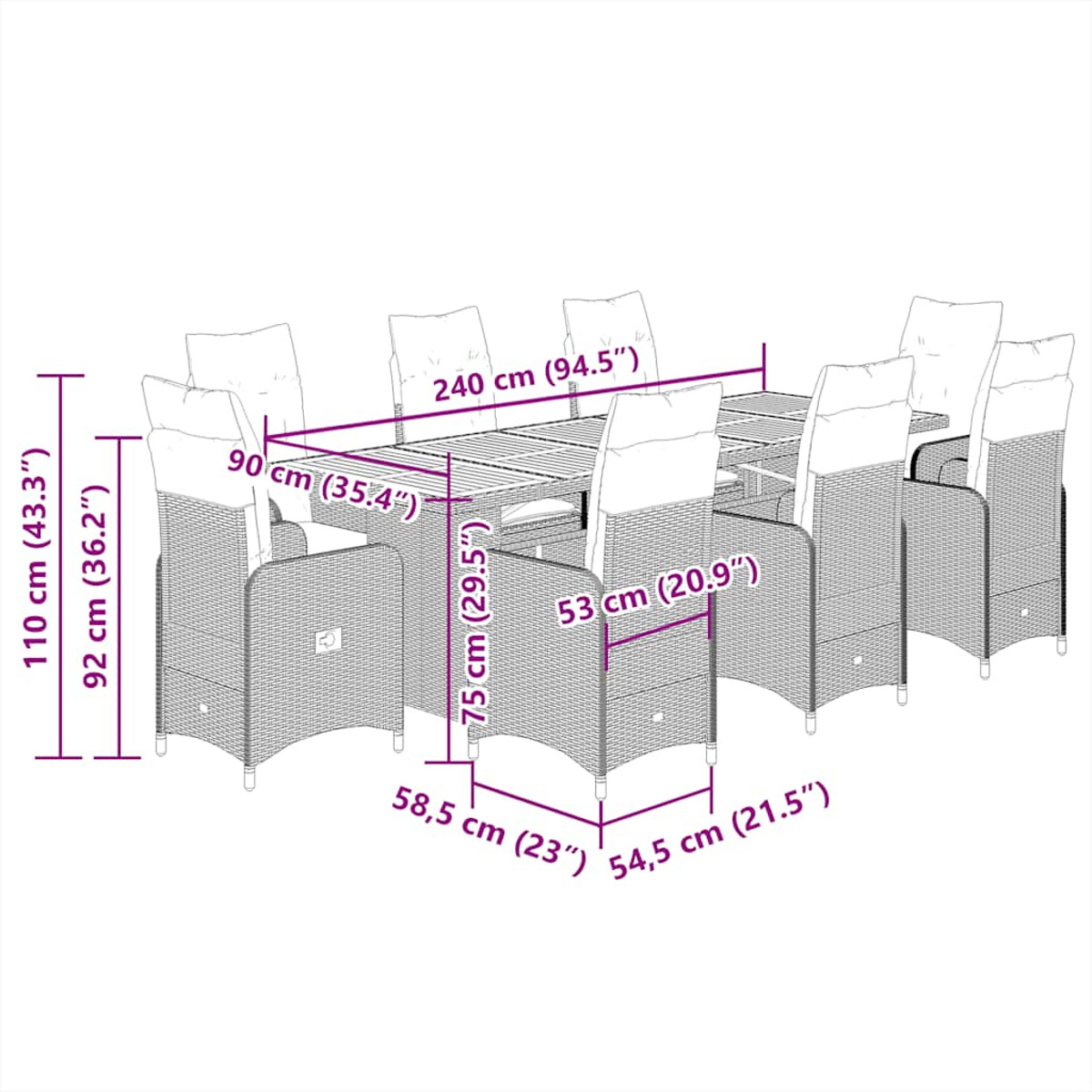 Set da pranzo all'aperto con dimensioni in stile blueprint.