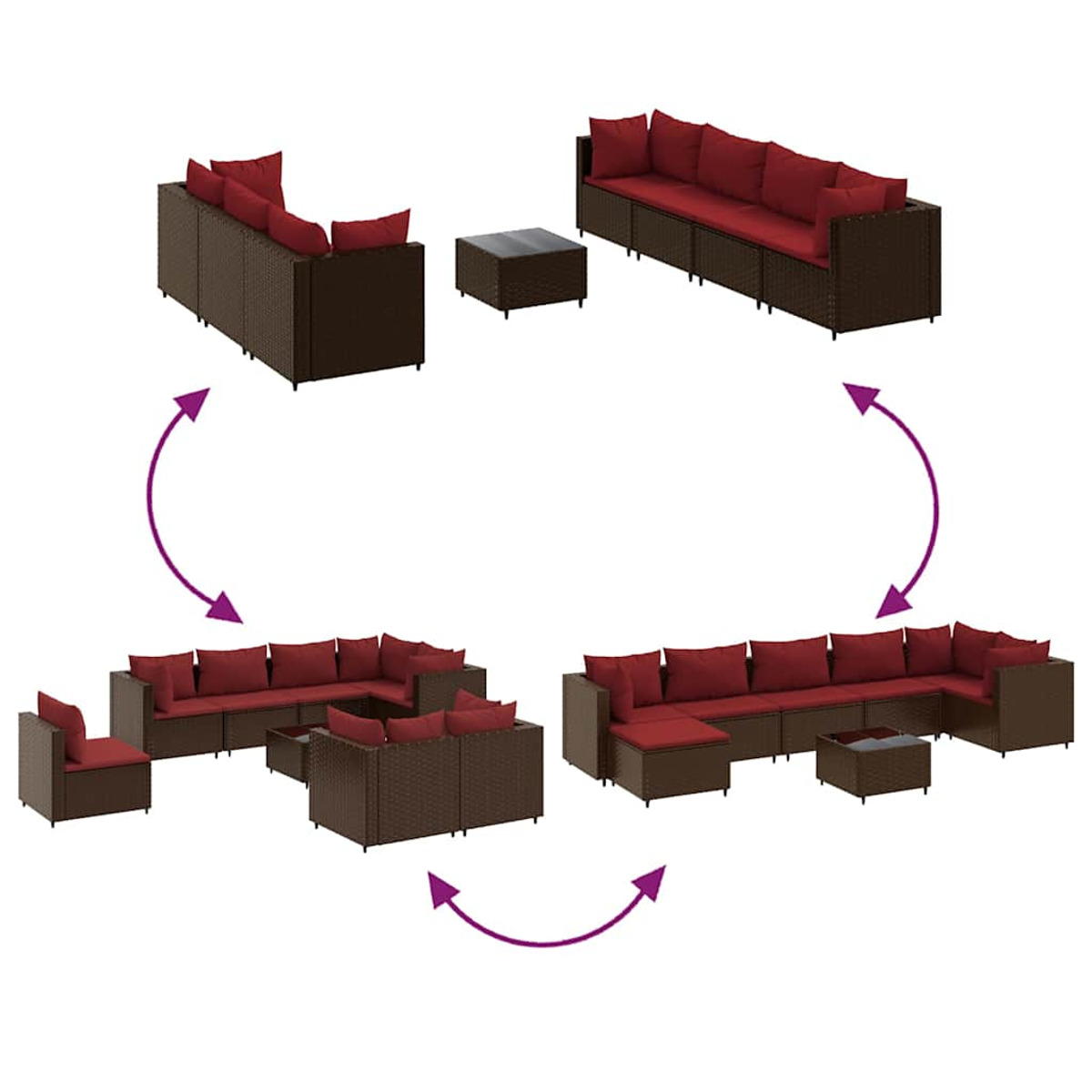 Conjunto de sofás modulares para exteriores, dispuestos en configuraciones.