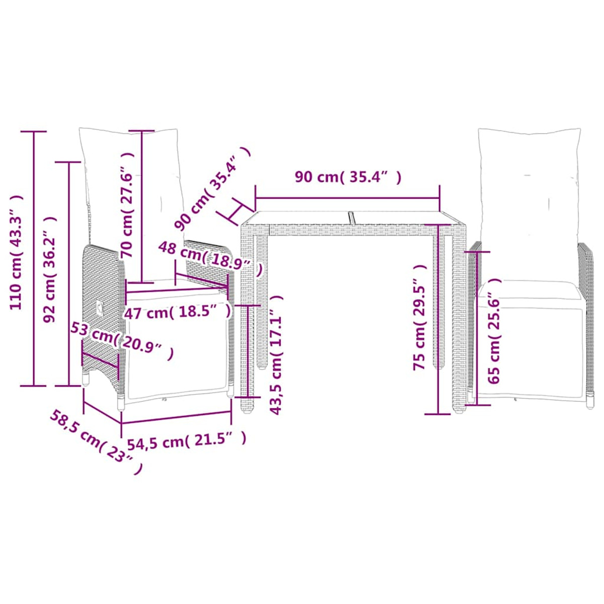 Diagramma di tavolo e sedie in vimini con dimensioni in centimetri.