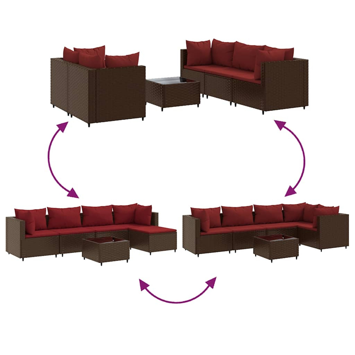 Braunes Rattan-Ecksofa in drei Konfigurationen, mit roten Kissen und einem Tisch.
