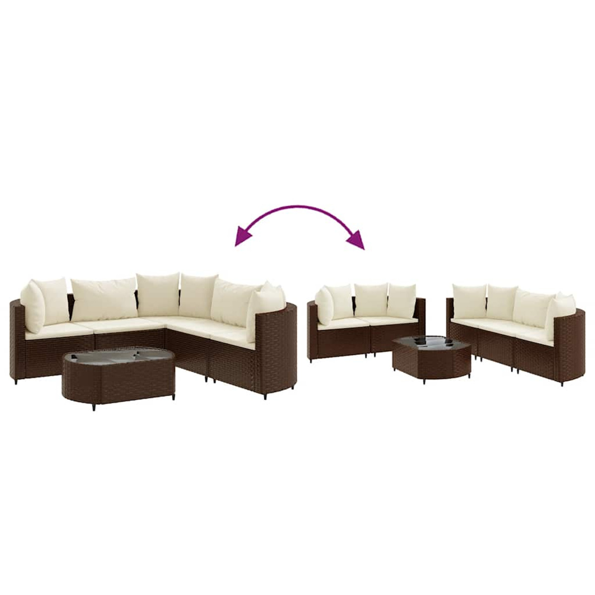 Un set di sedute modulari per esterni, in vimini marrone, disposte in diverse configurazioni.