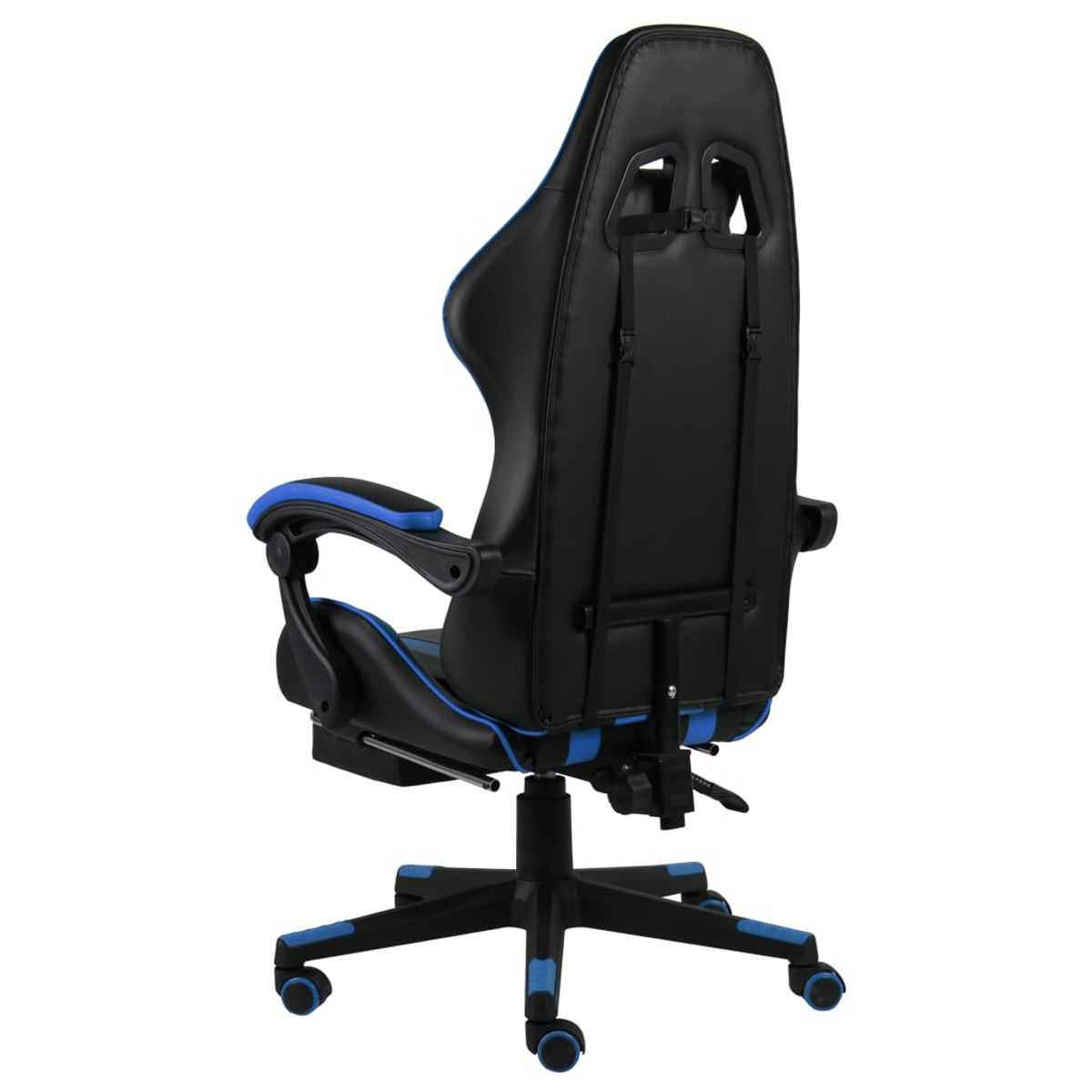 Schwarzer und blauer Gaming-Stuhl von hinten gesehen. Mit Kopfstütze und Rädern.