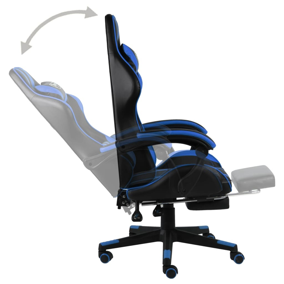 Ein Gaming-Stuhl in Schwarz und Blau, mit Fußstütze, zeigt die Neigungsbewegung mit Pfeilen.