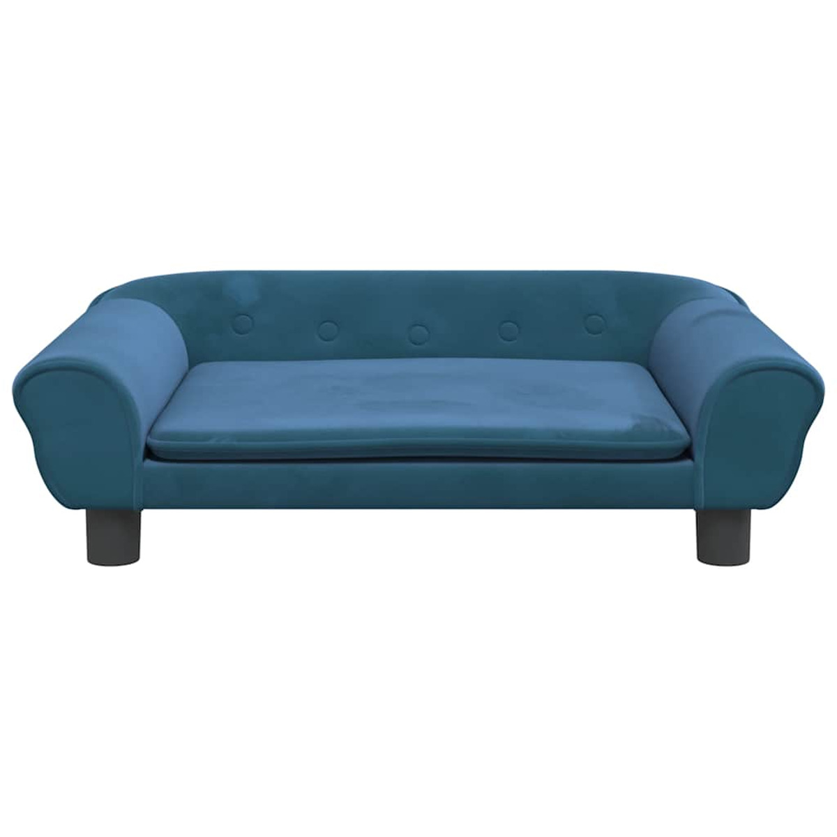 Blaues Haustiersofa mit abgerundeten Armlehnen und Kissen, isoliert.