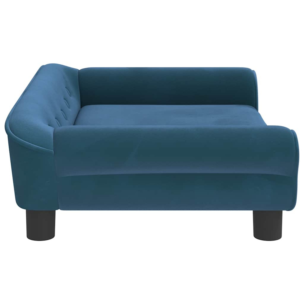 Ein blaues Sofa mit geschwungenem Arm und schwarzen Beinen. Es hat ein Knopfdetail und ein modernes Design.