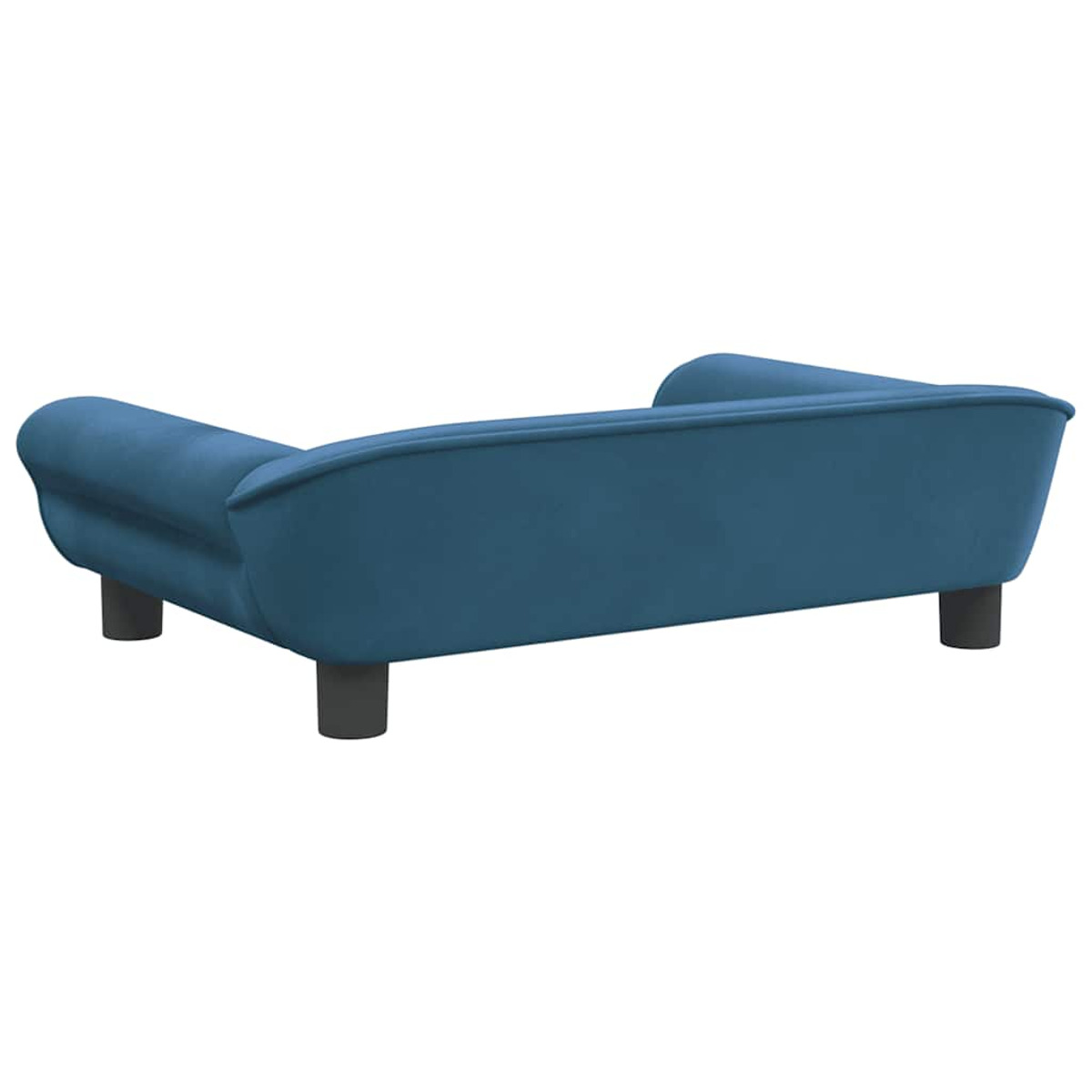 Ein blaues Samtsofa mit geschwungener Rückenlehne. Es steht auf schwarzen Beinen.