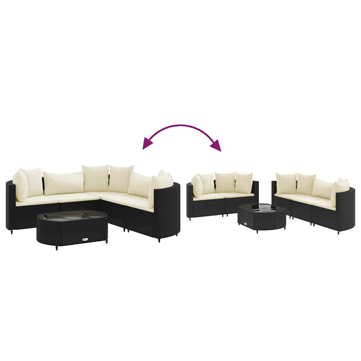 Set di mobili da esterno. Divani e tavolino in vimini nero, cuscini color crema.