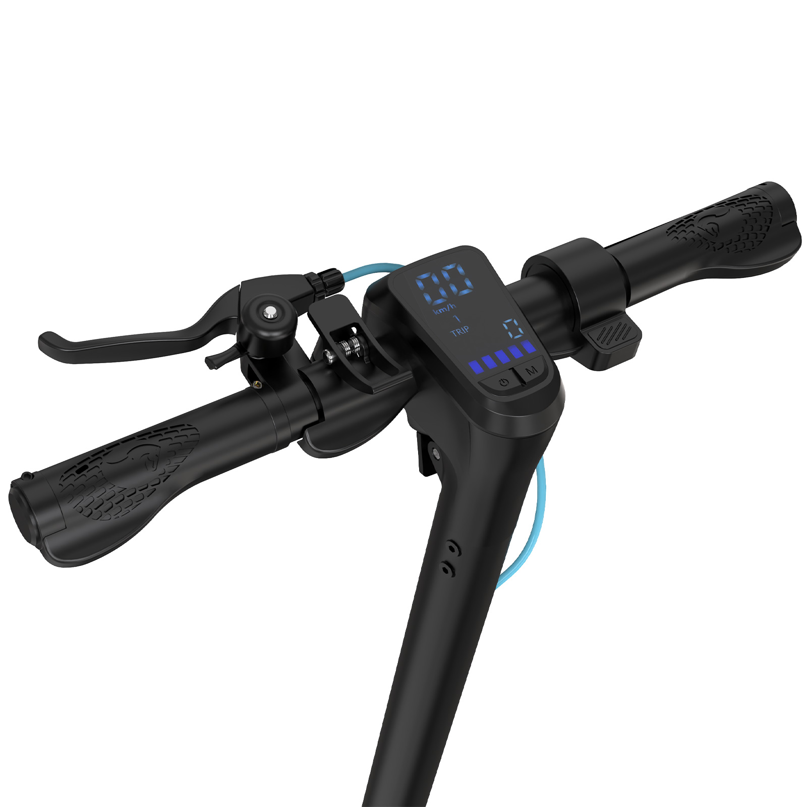 Schwarzer Rollerlenker. Digitalanzeige mit Geschwindigkeit und anderen Infos. Blaues Kabel sichtbar. Weißer Hintergrund.