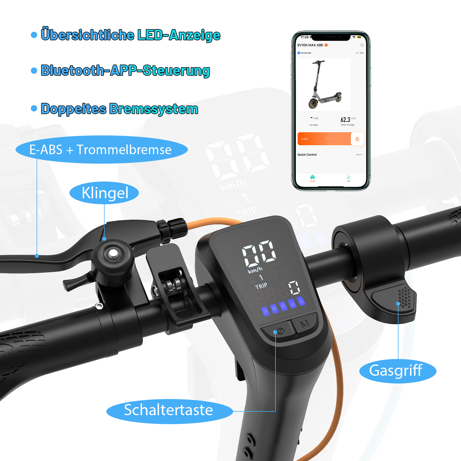 E-Scooter-Lenker mit Display, Bedienelementen und Smartphone mit Rollerbild.