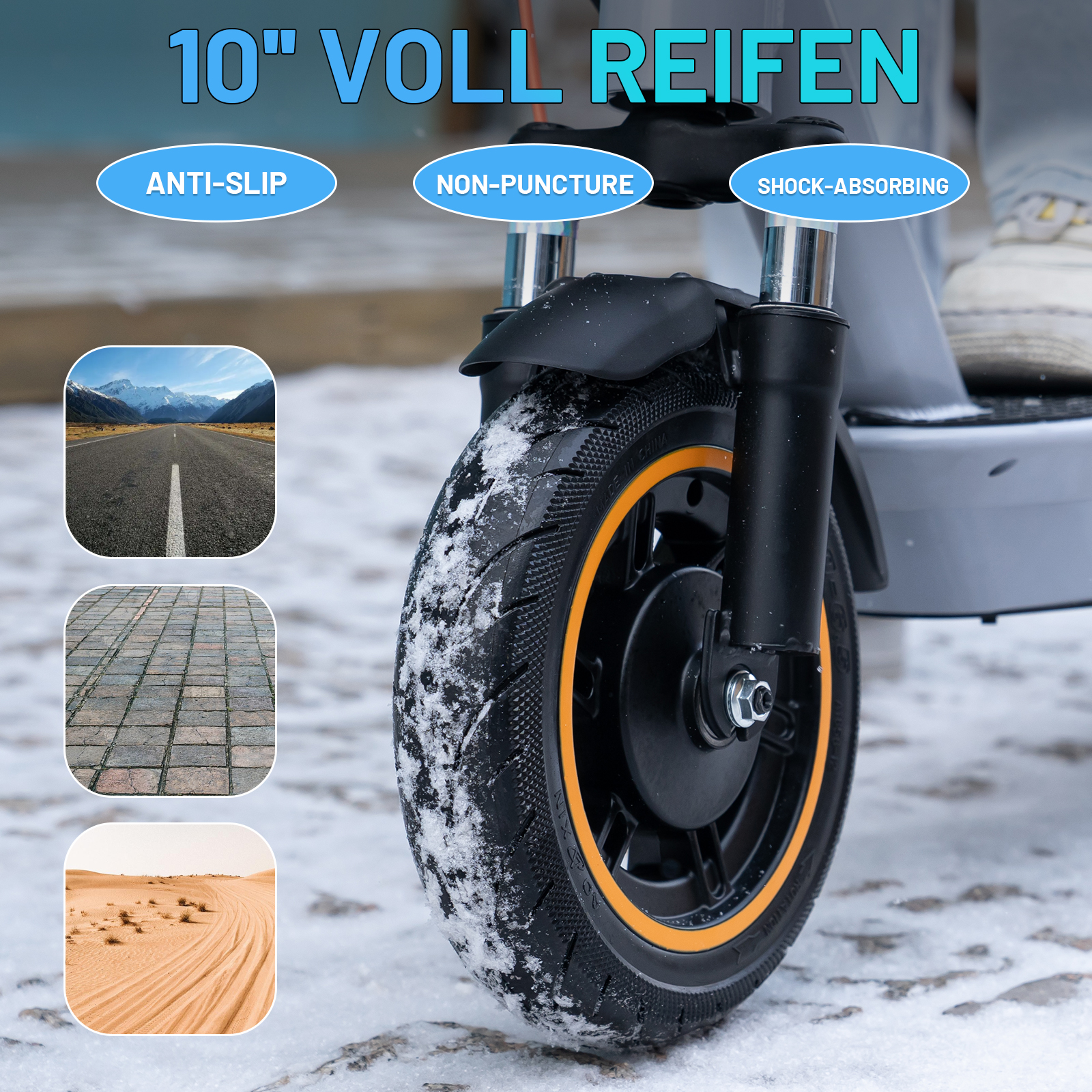 Schwarzer und oranger Rollerreifen auf verschneiter Oberfläche mit zusätzlichen Straßen- und Wüstenbildern.