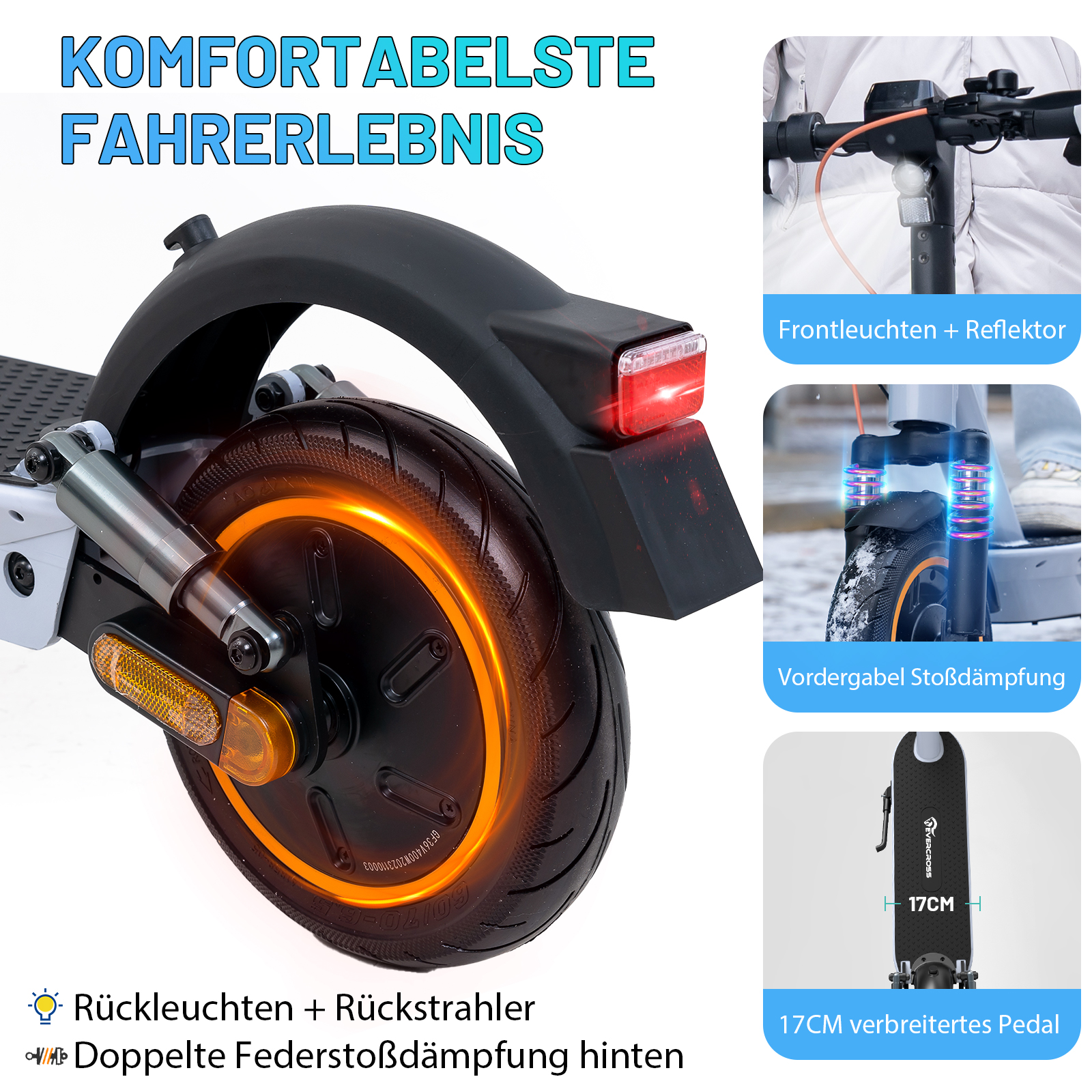 Elektroroller mit Details zu Lichtern, Federung und breiter Trittfläche. Deutscher Text.