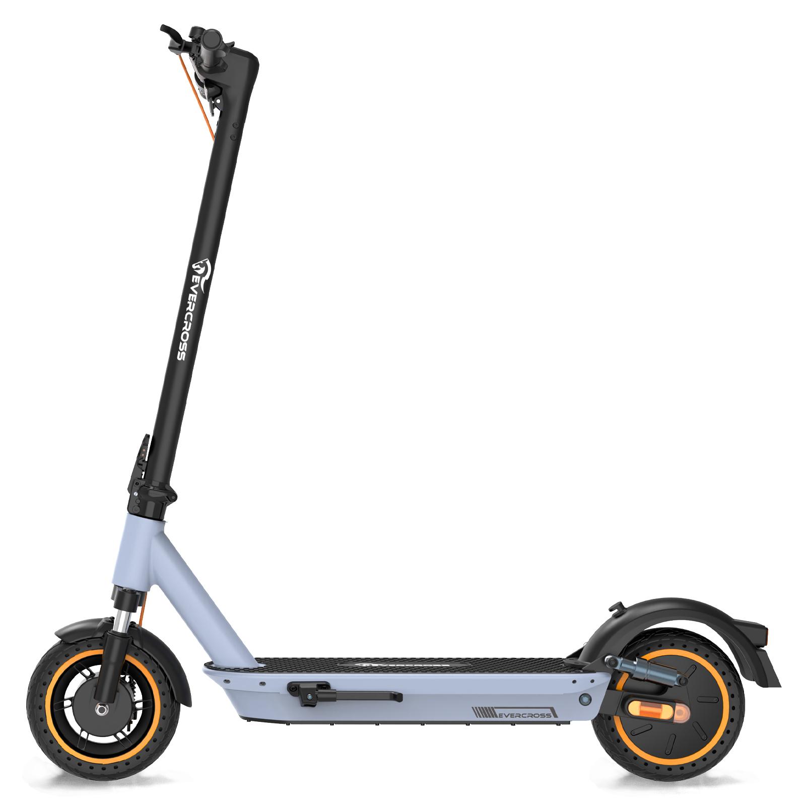 Hellblauer Elektroroller. Schwarzer Lenker, orangefarbene Räder und graue Plattform.