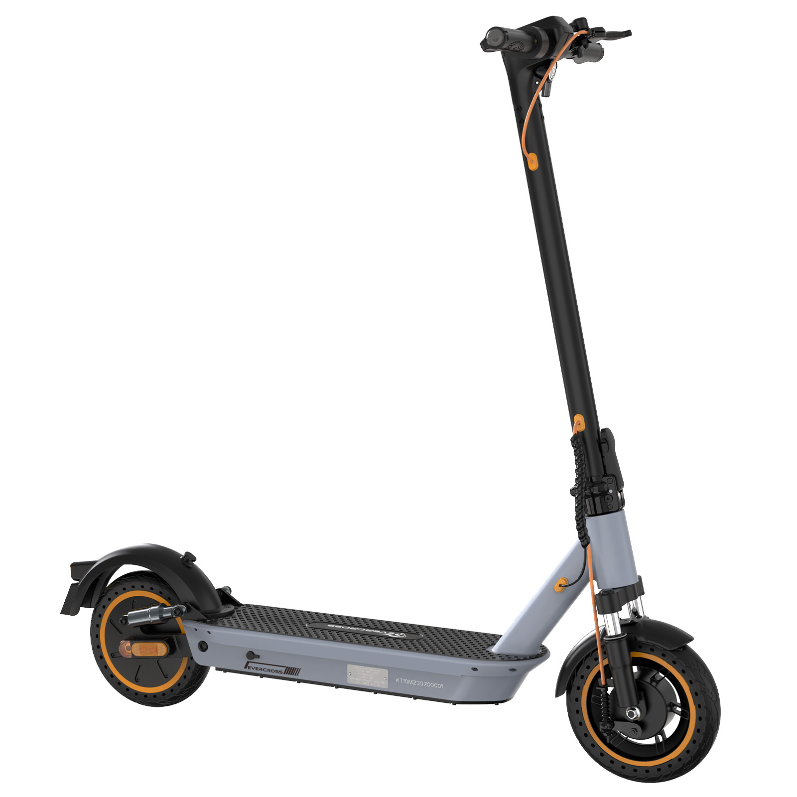 Ein grauer und schwarzer Elektroroller mit orangefarbenen Akzenten.