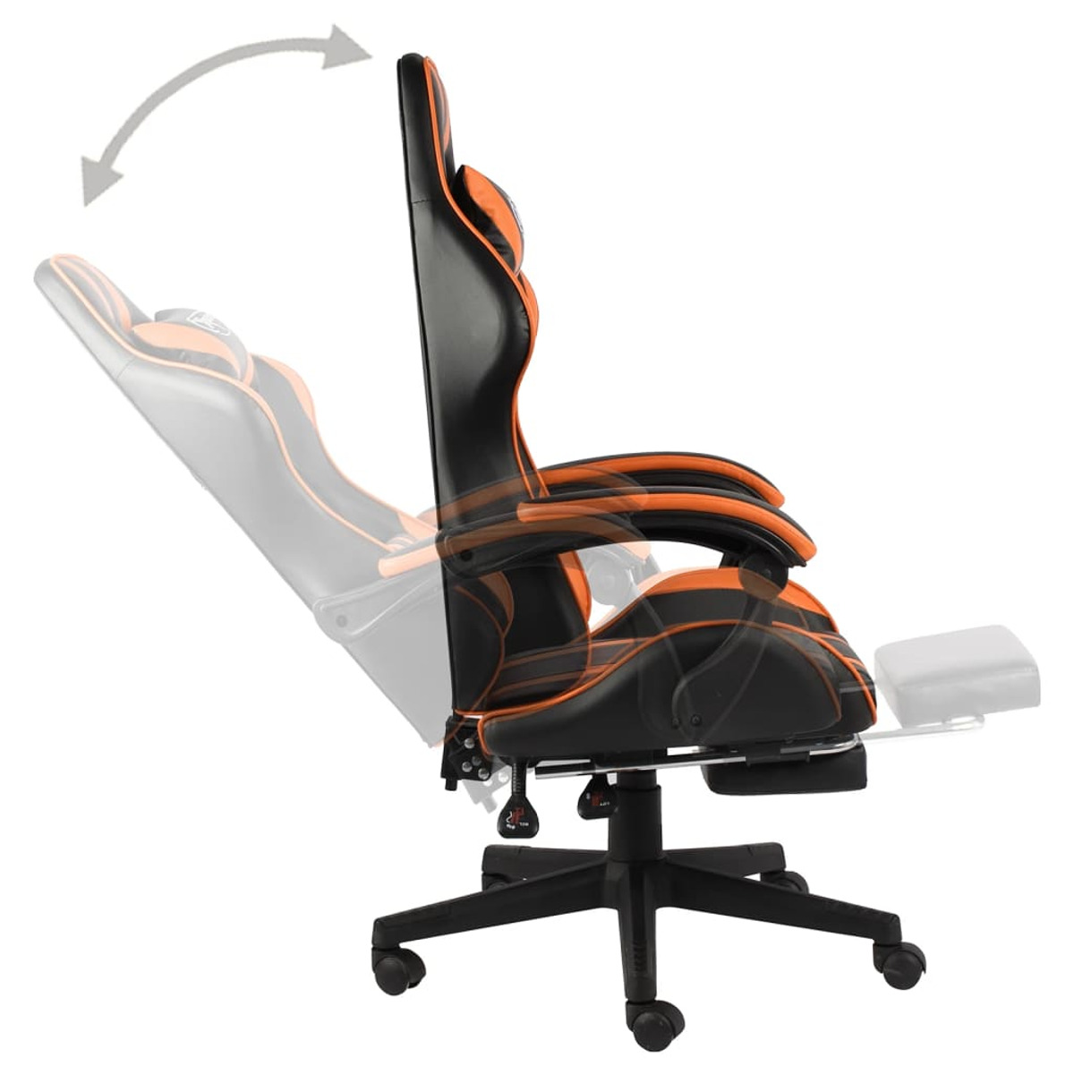Ein orangefarbener und schwarzer Gaming-Stuhl, der sich zurücklehnt, mit Fußstütze.