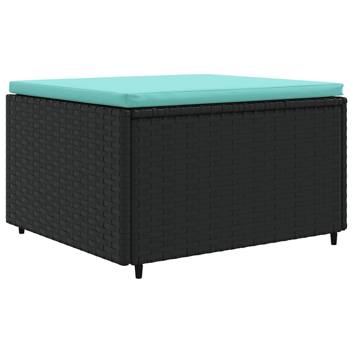 Un pouf in vimini nero con un cuscino turchese sopra. Poggia su corte gambe nere.
