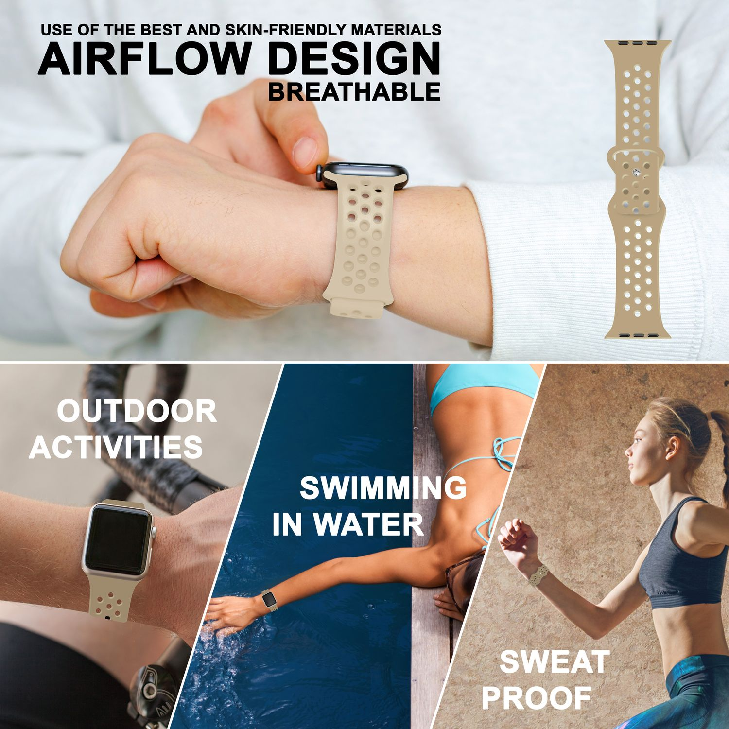 Uhrarmband mit Perforationen, am Handgelenk, bei Outdoor-Aktivitäten und beim Schwimmen.