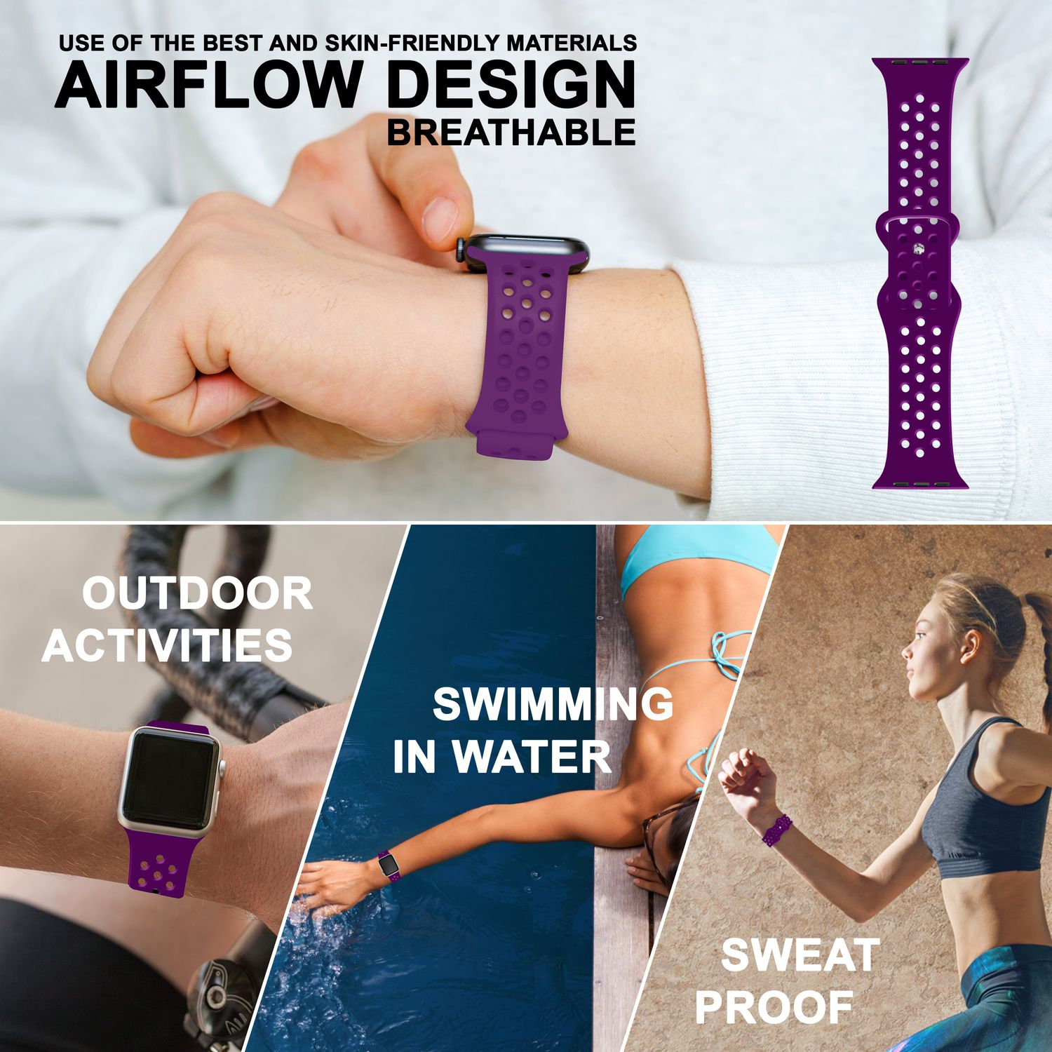 Lila Sport-Uhrenarmband mit Löchern, Handgelenk mit Uhr, Schwimmen und Wasseraktivitäten.