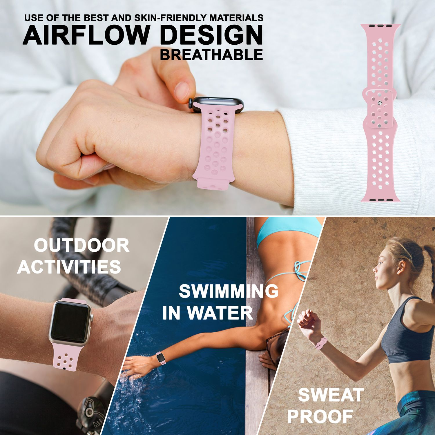 Rosa Sport-Uhrenarmband mit Löchern. Uhr am Handgelenk. Aktivitäten: Outdoor, Schwimmen, schweißfest.