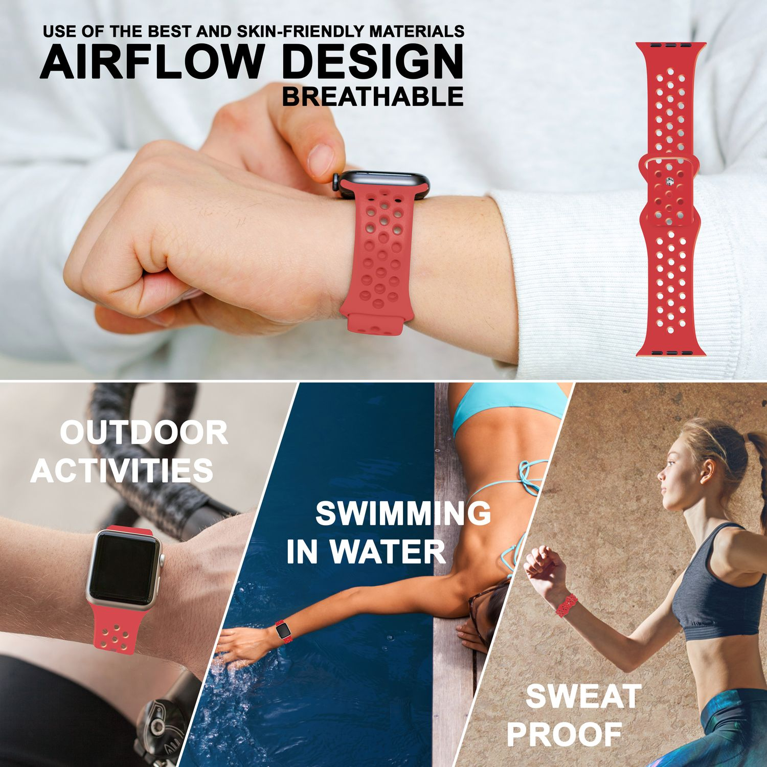 Verwendung des Uhrenarmbands. Zu den Merkmalen gehören Airflow-Design, Outdoor-Aktivitäten, Schwimmen und Schweißfestigkeit.