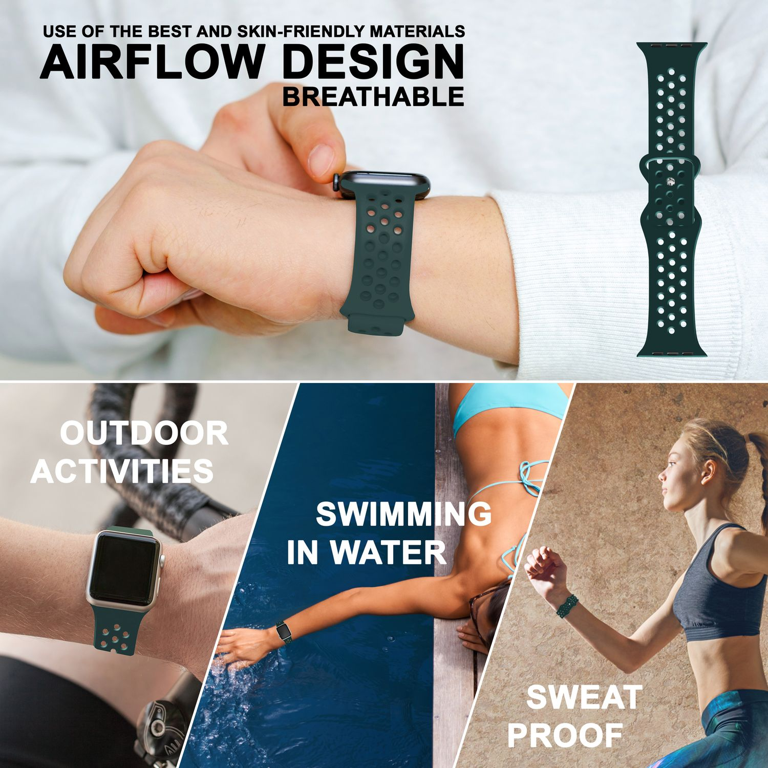Eine Apple Watch mit grünem Armband. Die Uhr wird in verschiedenen Kontexten gezeigt: Outdoor, Schwimmen und schweißfest.