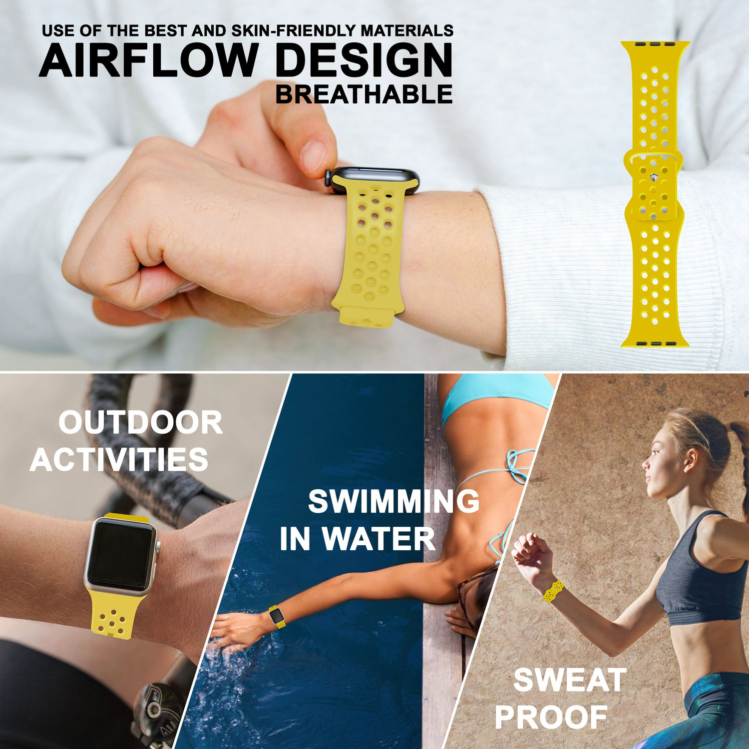 Gelbes Armband am Handgelenk, Nahaufnahme. Weitere Bilder: Aktivitäten, Schwimmen und schweißfest.