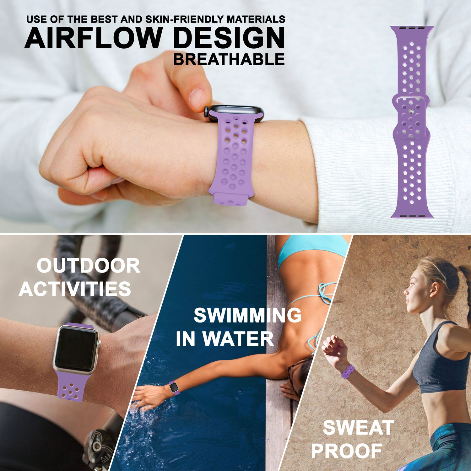 Ein lila Uhrenarmband am Handgelenk und im Wasser. Text: Airflow-Design, atmungsaktiv, schweißfest.