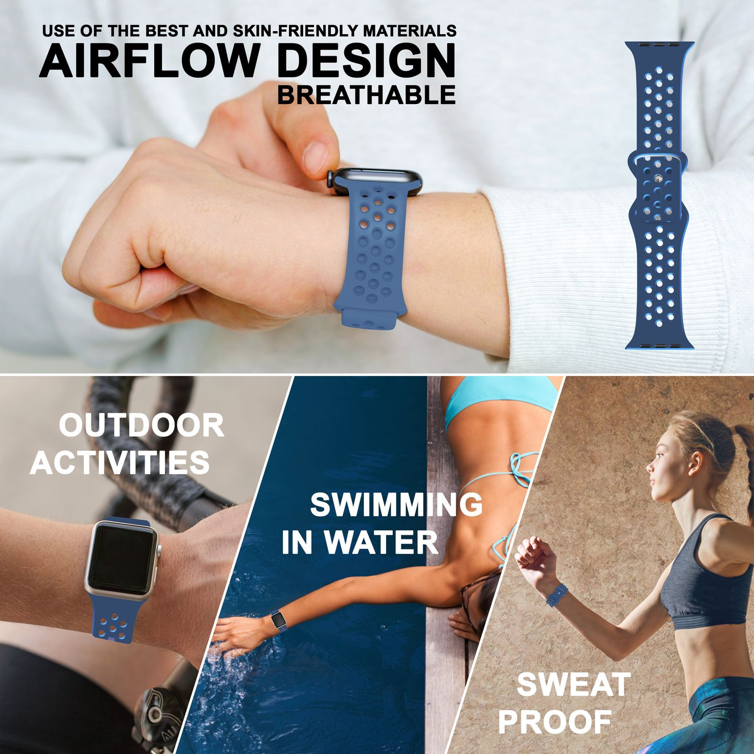 Bild zeigt ein blaues Smartwatch-Armband mit Text, der seine Eigenschaften und Verwendung beschreibt.