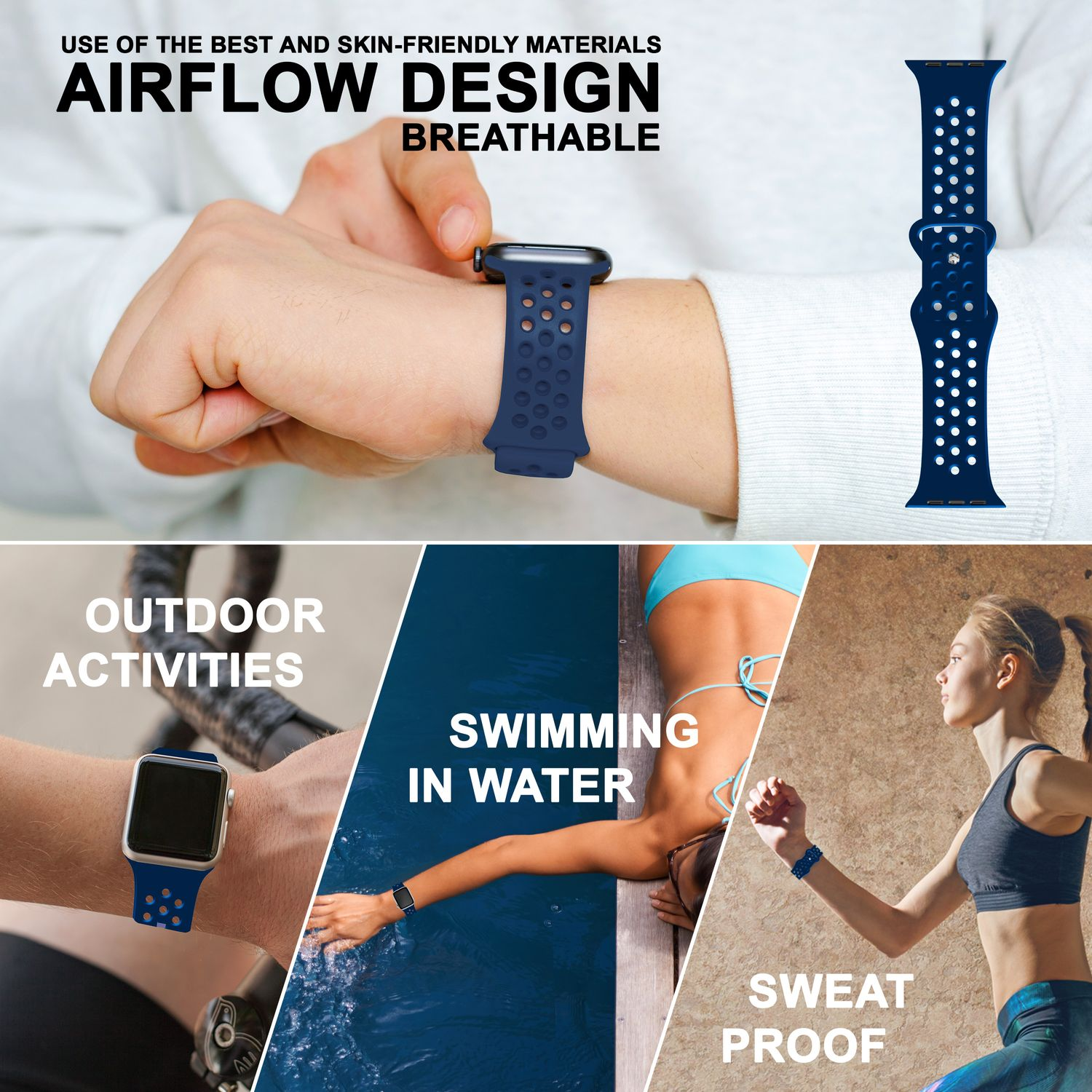 Eine Smartwatch mit blauem Armband, mit Textbeschriftungen an der Seite.
