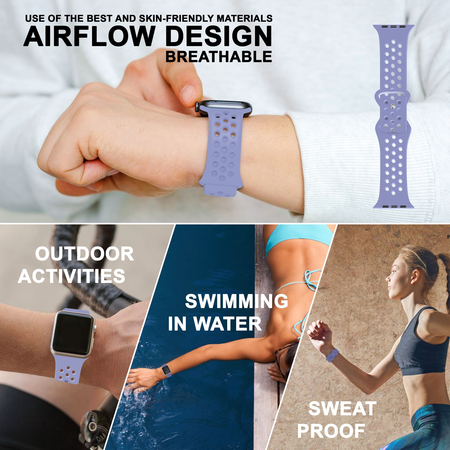 Armbanduhr mit Uhr am Handgelenk, Schwimmen und schweißfestem Text.