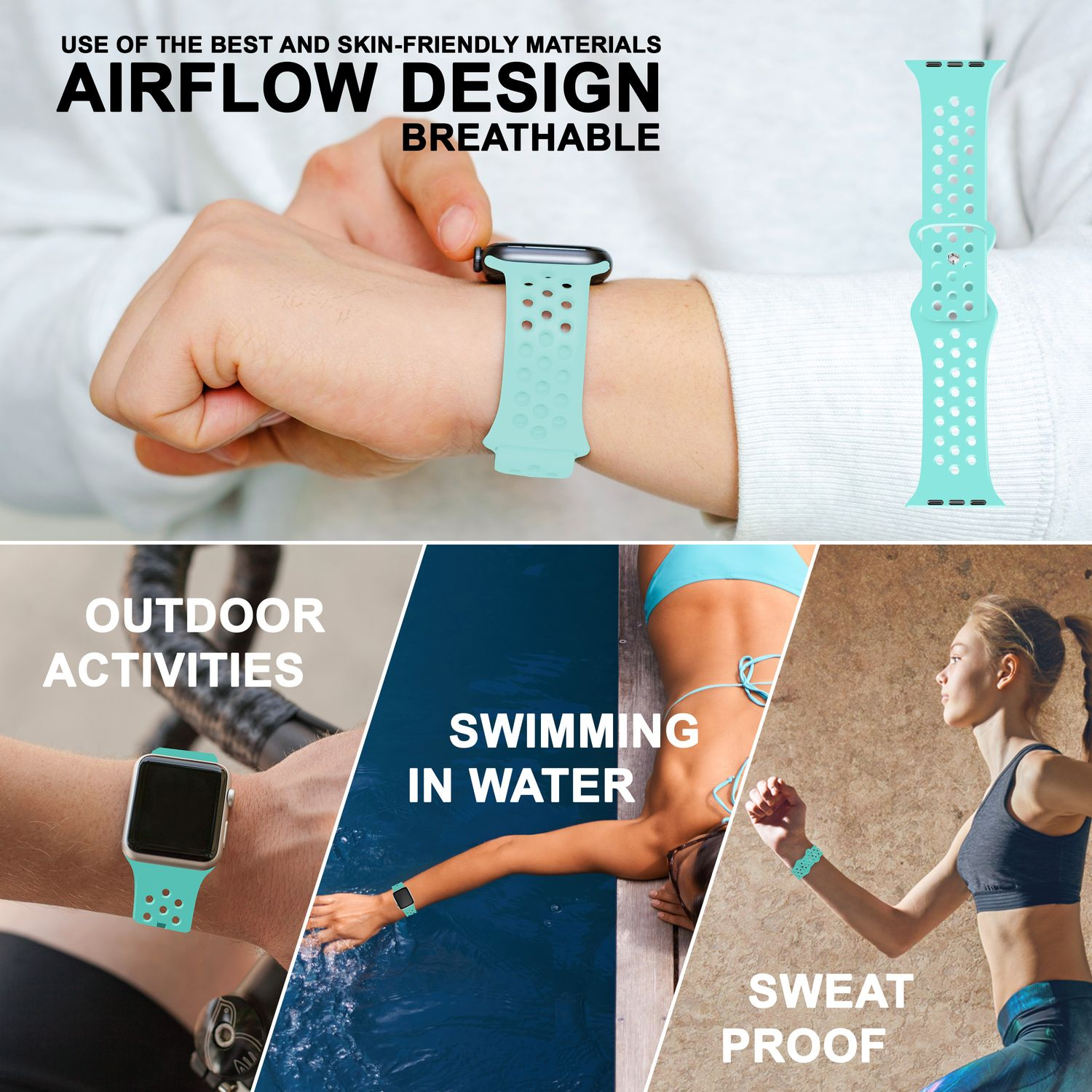 Bild zeigt ein Smartwatch-Armband mit Text über seine Funktionen und Verwendung bei verschiedenen Aktivitäten.