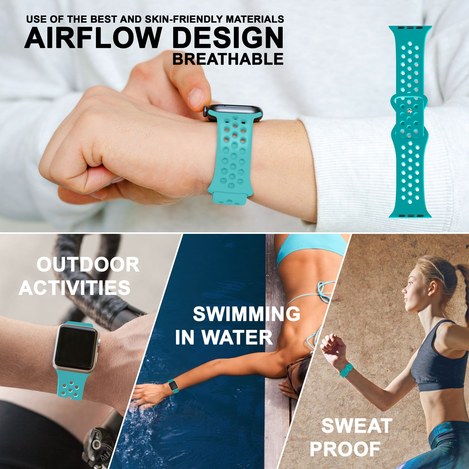 Ein türkisfarbenes Sportuhrenarmband mit Perforationen, gezeigt mit Trage- und Wasseraktivitäten.