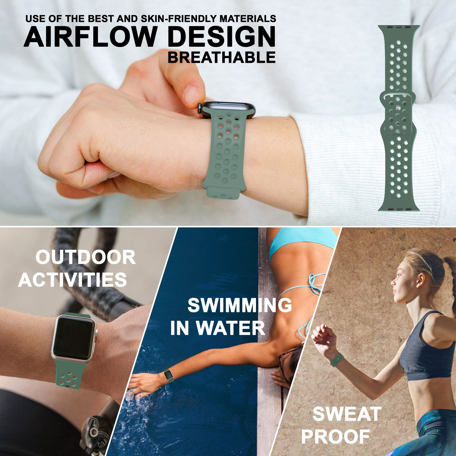 Eine Uhr mit grünem Band, mit Bildern von Outdoor-Aktivitäten und Schwimmen.