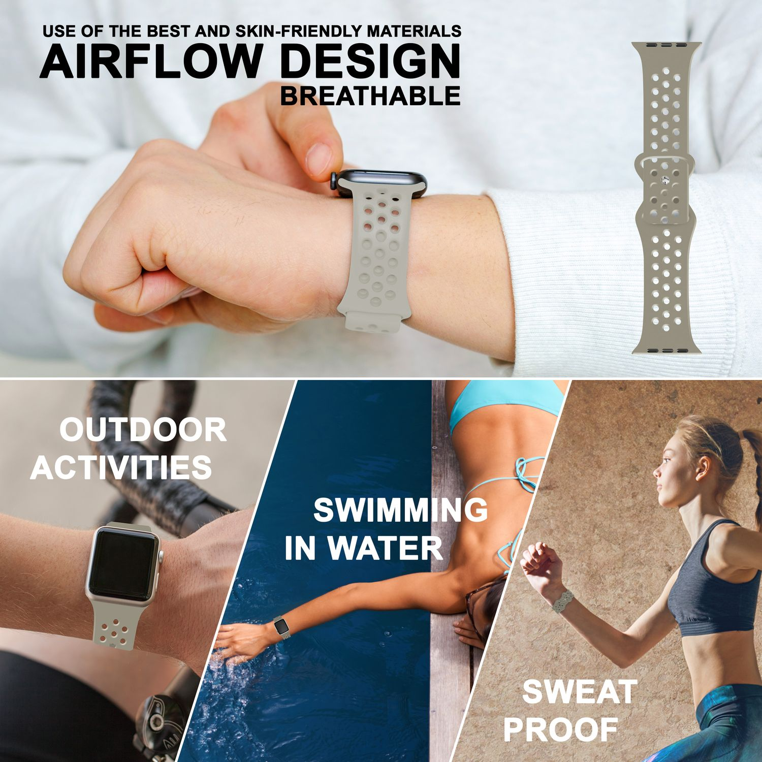 Smartwatch-Armband-Funktionen: Luftstrom, Outdoor-Aktivitäten, Schwimmen, schweißfest.