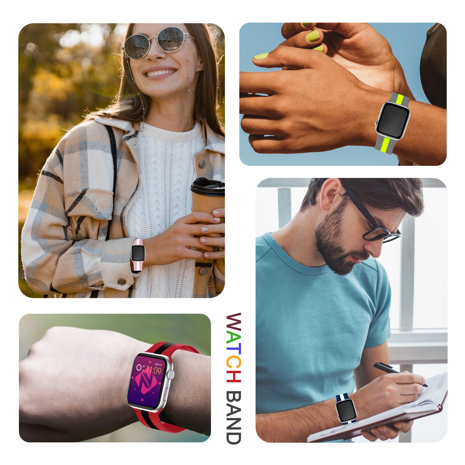 Menschen, die Smartwatches in verschiedenen Farben und Stilen tragen.